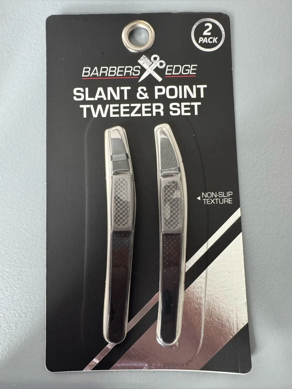 Barbers Edge Slant & Point Tweezer Set Silver/Black durable heavy duty non-slip